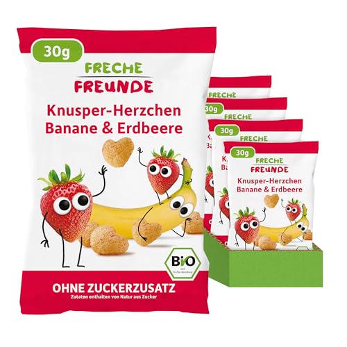 FRECHE FREUNDE Bio Knusper Herzchen aus gepufftem Mais, mit Bananen und Erdbeerpulver, fruchtig-süße Knabberei für Kinder, vegan, glutenfrei, 9er Pack (9 x 30g)