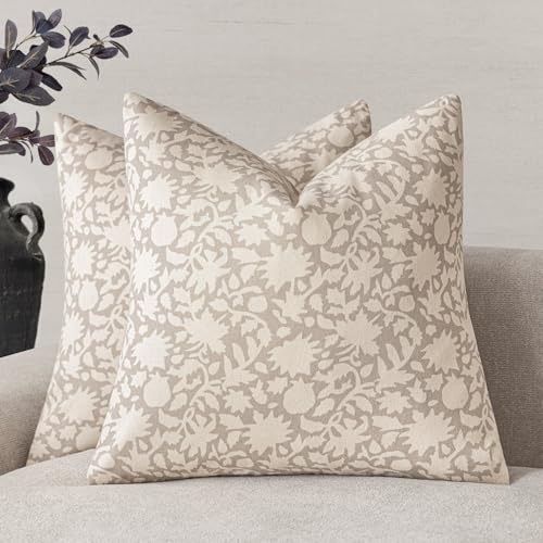 Image of Foindtower Set of 2 Decorative Neutral Floral Throw Pillow Covers Accent Farmhouse Cushion Covers Boho Vintage Pillowcase for Couch Sofa Bedroom Living Room Home Decor,18x18 Inch,Ivory Beige