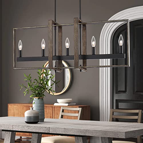 Vanity Art Modern Farmhouse Style 5 Lights Linear Led Pendant Chandelier Lighting Ceiling Light Fixture for Kitchen Island 10526DW-BK