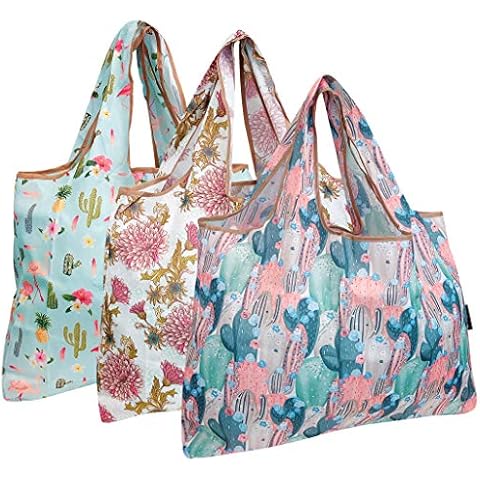 Bowbear Foldable Nylon Reusable Shopping Grocery Bag (Set of 3), Mums & Succulents Cover