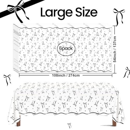 Image of Avezano 6 pcs Black Bow Tablecloths 108x54 inch Bow Birthday Decorations Black and White Bow Plastic Table Cover Disposable Bachelorette Party Supplies