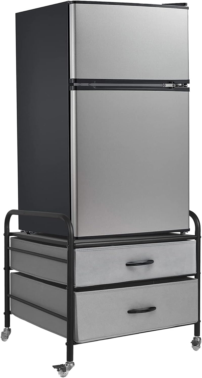 EazeHome Soporte para nevera con almacenamiento, carrito de nevera de 2 cajones, unidad organizadora para mini refrigerador, marco negro con cajones grises, 4 ruedas giratorias