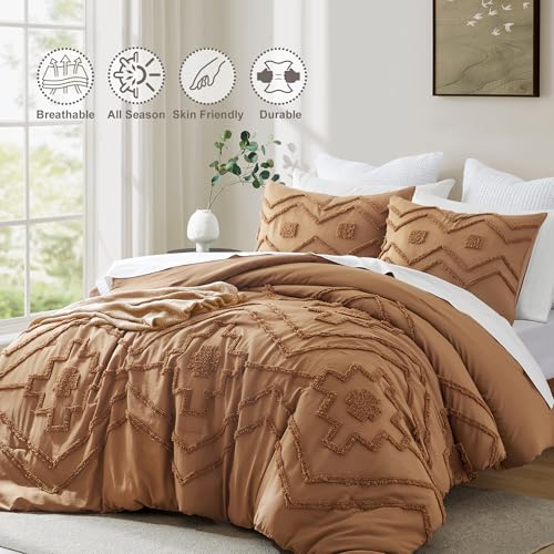 Image of Oli Anderson Boho Tufted Comforter Set Queen Size, 3 Pcs Soft Jacquard Bedding Set for All Seasons, Shabby Chic Farmhouse Bedding Set with Comforters for All Seasons (Pumpkin, Queen)