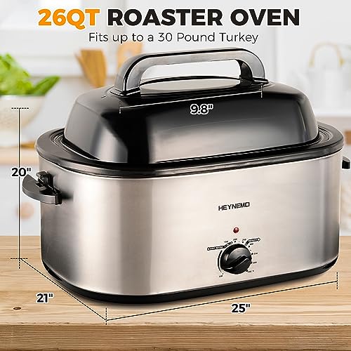 26 Quart Electric Roaster Oven with Visible & Self-Basting Lid, Large Turkey Defrost Warm Function, Adjustable Temperature, Removable Pan Rack, Stainless Steel, Silver - Thumbnail 6