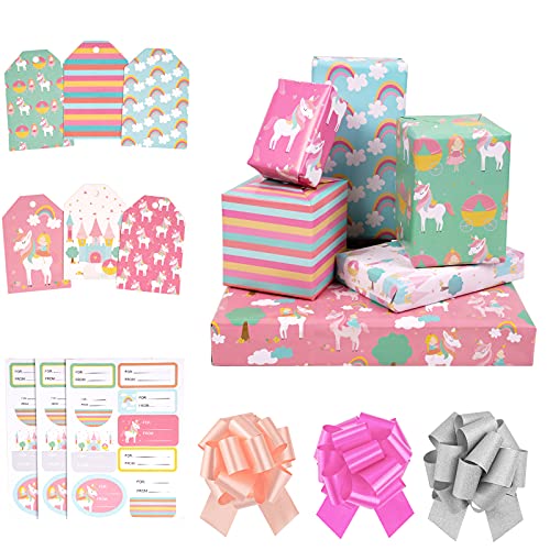 Maypluss Wrapping Paper Sheet Set- Folded Flat - Pull Bows $ Gift Tags & Stickers - 6 Different Unicorn Design (45.2 Sq. Ft.ttl.) - 27.5 Inch X 39.4 Inch Per Sheet #TOP5
