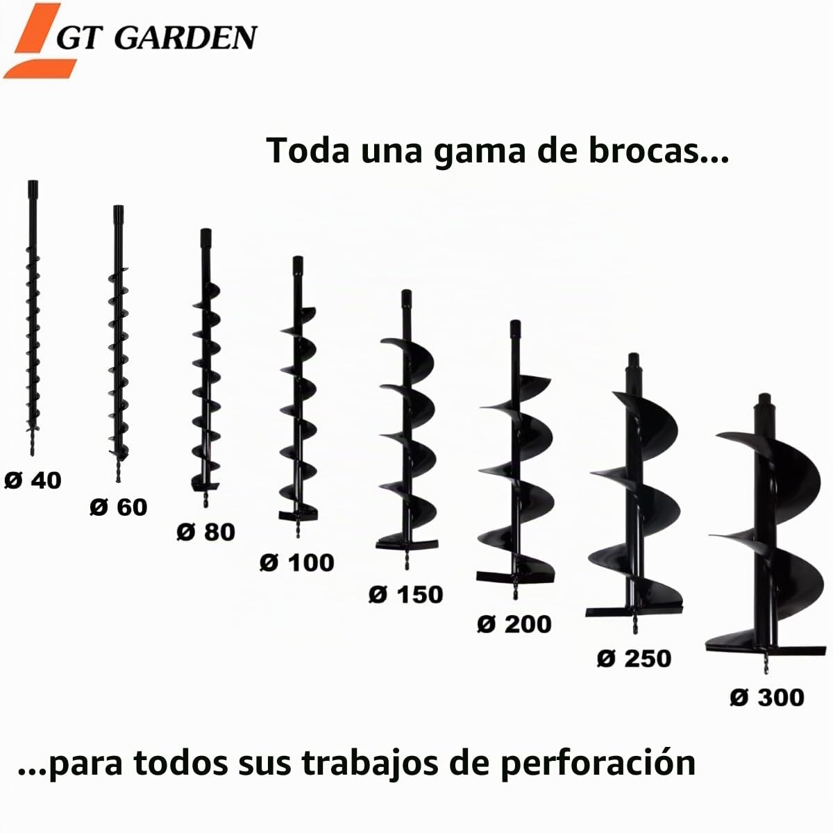 GT GARDEN Taladro de Tierra ahoyador de Gasolina 52 cm3, 3 CV con 3 Brocas (100, 200 y 300 mm)