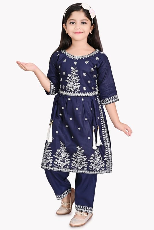Image of Girls Ethnic Cotton Kurta and Straight Pant Set with Silky Dupatta