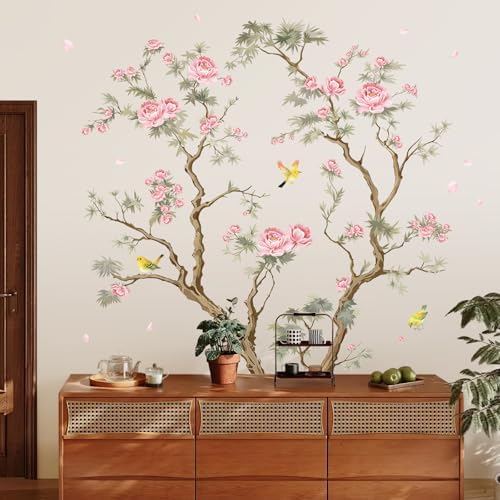 SHUCHING Large Pink Flower Tree Wall Stickers, Vintage Flower Branch ...