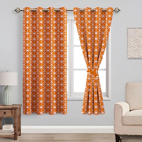 Image of Amazon Basics - Geometric Print Light Filtering Curtains | 100% Cotton 150 TC | Set of 2 | 5 Feet | 115 x 150 cm | Orange | Eyelets & Tiebacks | Ideal for Bedroom and Living Room