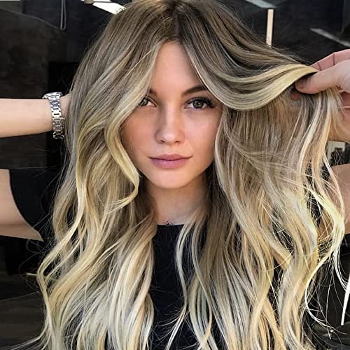 Long Wavy Highlights Wig Ombre Ash Blonde Wigs Curly Lace Front Wig for Women Synthetic Middle Part Heat Resistant Natural Looking Wigs (R2/10/613)