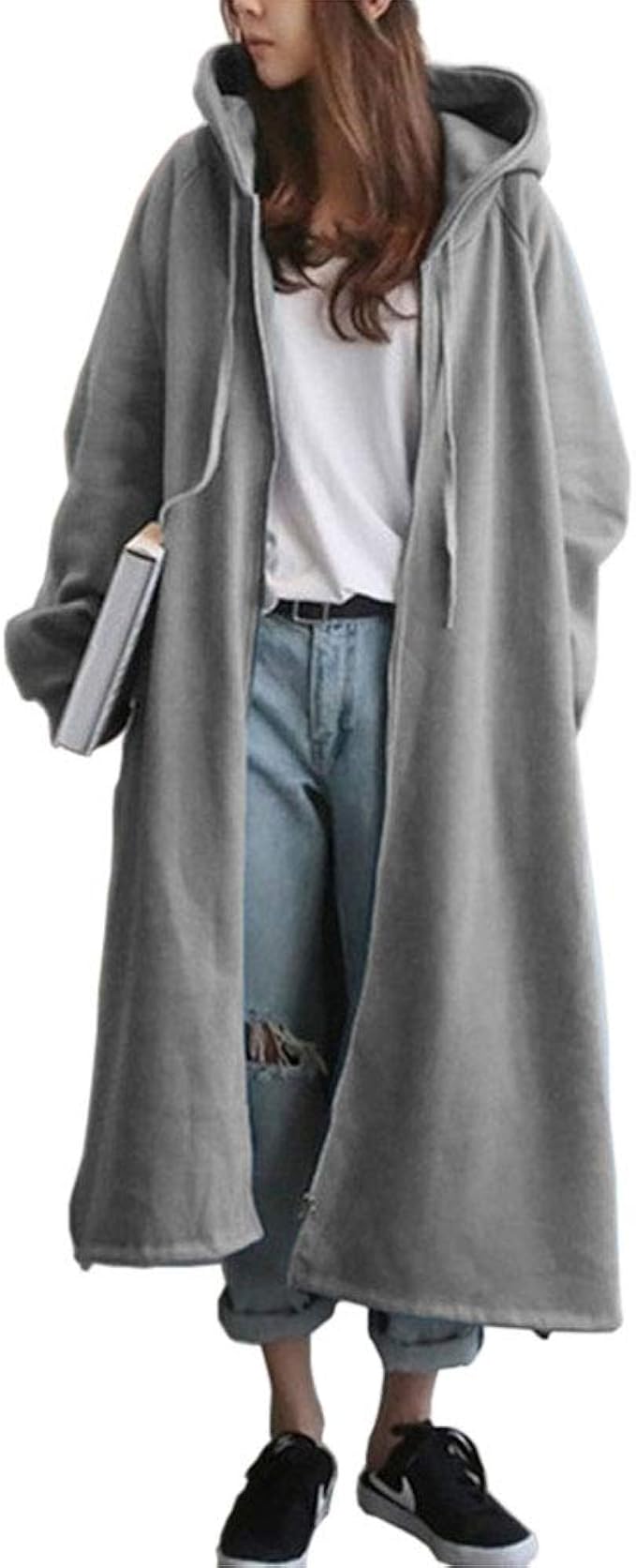 Amazon Ailiti ロングパーカーコート レディース アウター フード付き あったか カジュアル ゆったり グレー コート ジャケット 通販