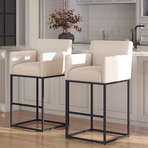 HNY Modern Counter Height Bar Stools Set of 2, Linen Fabric Upholstered Bar Stools with Backs, 30 Inch Kitchen Island Stools with Black Metal Frame, Cream