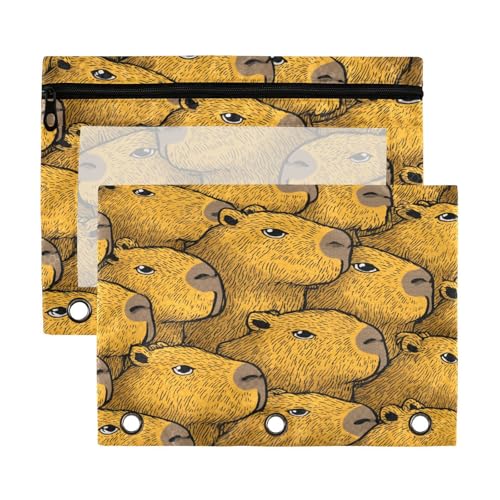 Organizador de carpetas con ventana transparente de dibujos animados Capybaras Doodle Art estuche organizador de gran capacidad, carpeta de 3 anillos para suministros escolares de oficina, 2 unidades