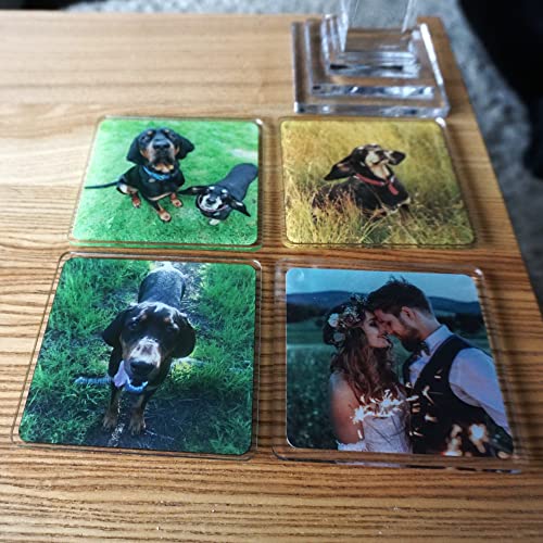 Posavasos personalizados personalizados con foto, texto, imagen, cuadrado de 10 cm / 3.9 pulgadas con acabado acrílico impreso UV, 3 mm de grosor, 2 mm de pies, Cantidad: 4 piezas Cover