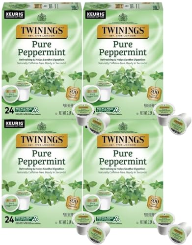 Twinings Pure Peppermint Tea Single Serve K-Cup Pods for Keurig, Naturally Caffeine Free, Made with 100% Pure Peppermint, 24 Count (Pack of 4)