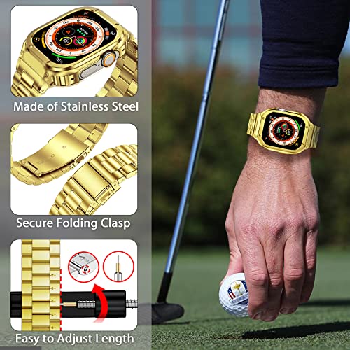Image of Stainless Steel Band and Case Compatible with Apple Watch Band 49mm | Men Metal Protective Bumper Cover with Straps for iWatch 49mm Series Ultra 3, Ultra 2, Ultra, Gold