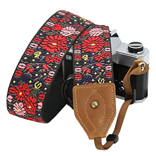 Padwa Lifestyle Camera Strap - 2" Wide Classic Vintage Crazy Horse Arts Cowhide Head Cotton Embroidered Universal Neck Shoulder & Crossbody Camera Straps for Photographers Gift and All DSLR Cameras