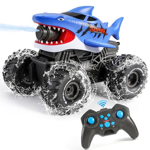 BOBXIN Amphibious Remote Control Shark Monster Truck Squirt Water 4WD All-Terrain Off-Road 2.4Ghz Waterproof RC Car Pool Water Toys for Kids Age 6+ Blue