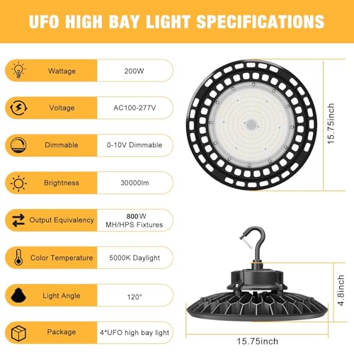 JC-LGL 200W UFO LED High Bay Light 0-10V Dimmable 5000K High Bay LED Light by JC-LGL - Image 6