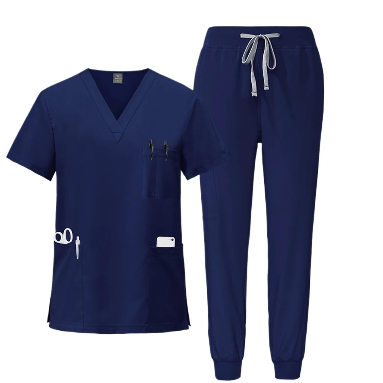 Uniforme Sanitario Unisex Uniformes médicos, Ropa de Trabajo enfermería, Camiseta con Cuello en V y Bolsillo, Pantalones Deportivos, Conjunto Uniforme quirúrgico clínico(Dark Blue,XL)