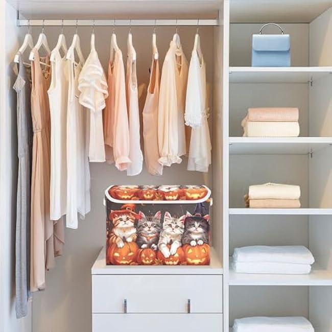 senya Halloween Baskets Collapsible Storage Bins with Lids, Halloween Pumpkin Cat E Storage Boxes Clothes Baskets for Organizing