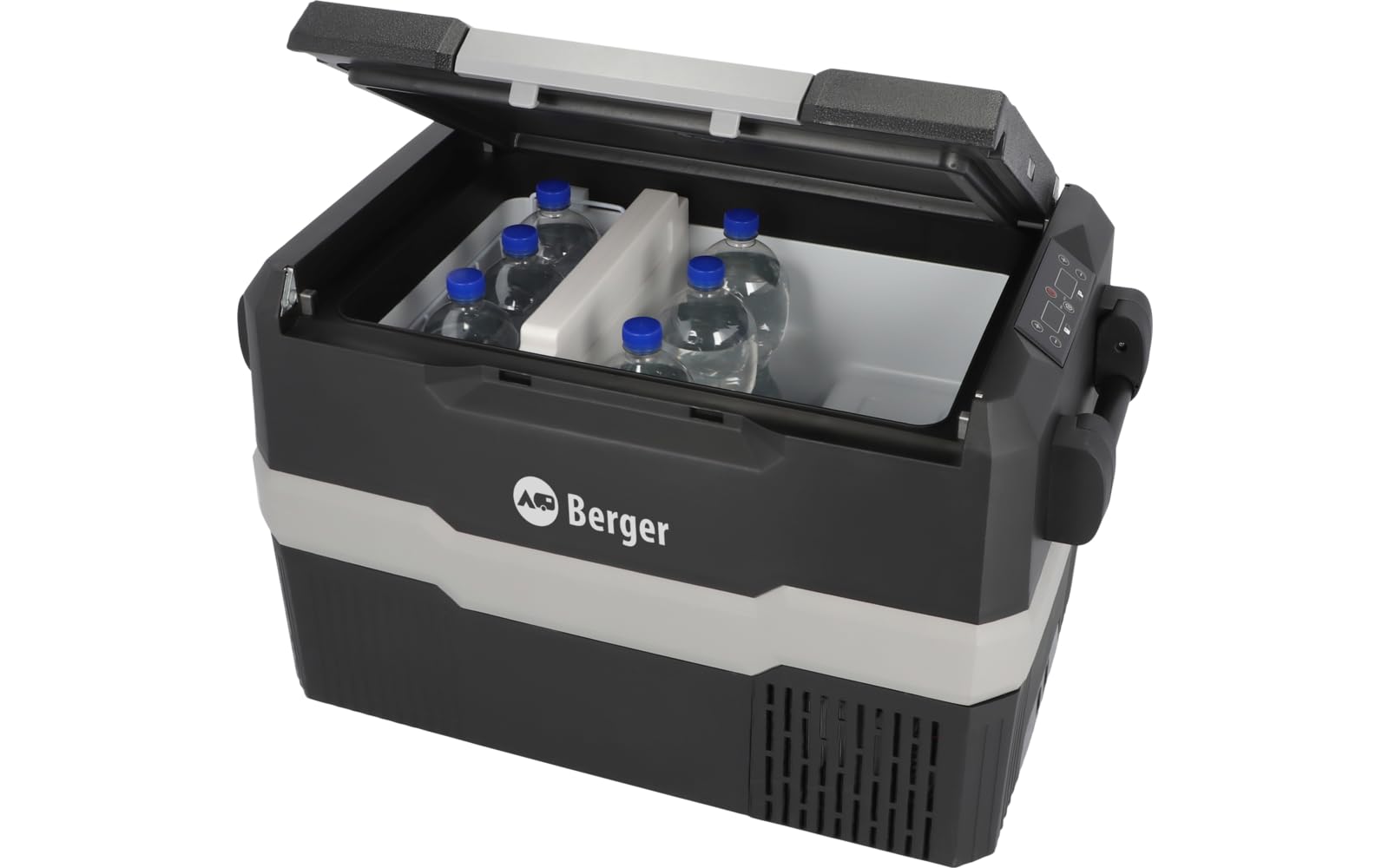 BERGER Tragbare Kompressor Kühlbox 12/24 V | Elektrische Kühlbox ideal für Camping mit Elektronischer Anzeige | Leistungsstarke Kühlung 20L,40L,45L | Perfekt für Reisen bei jedem Wetter (DMC 45 Liter)