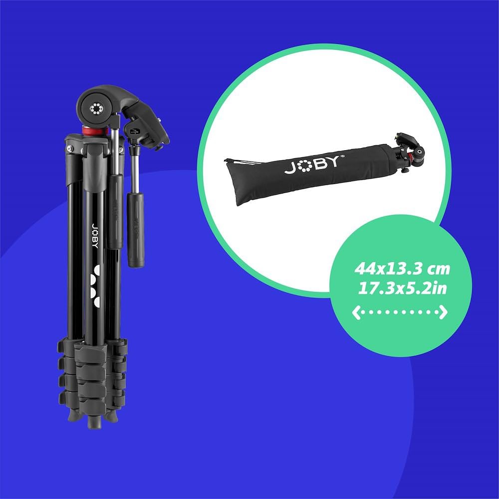 JOBY Compact Advanced, Trépied pour Appareil Photo avec Rotule 3D, Fixation Universelle ¼-20" à Libération Rapide et Sac de Transport, pour Reflex, Hybride et Smartphone, Couleur : Noir