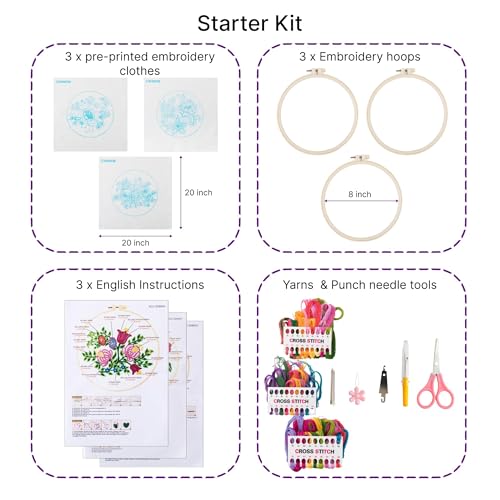 Image of Looples Embroidery Kit for Beginners and Adults with Video Tutorials - DIY Starter Kit with 3 Stamped Floral Patterns, Hoops, Threads, Needles, and Instructions (Floral)