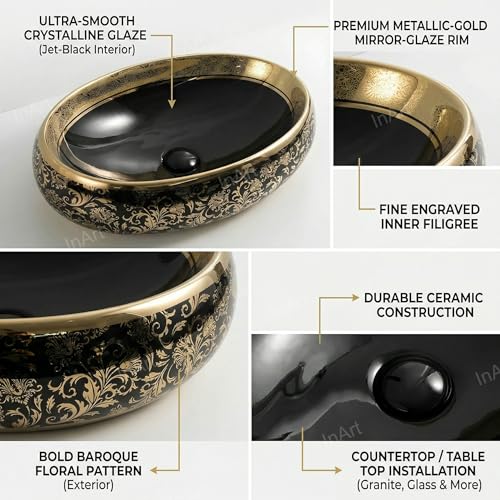 Image of Inart Ceramic Wash Basin | Counter Top Basin | Living room or Bathroom Table Top Basin | Black Gold Color | Size 60 x 40 x 15 CM