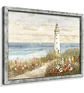 Lighthouse Framed Wooden Wall Art: Beach Artwork Abstract Ocean Painting Seascape Art Prints Coas...
