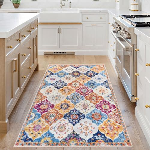 KILOCOCO 3x5 Moroccan Super Soft Area Rug Washable Living Room, Vintage Floral Rug Indoor Non-Slip, Print Faux Wool Accent Indoor Entryway Rug for Laundry Playroom Office, Colorful