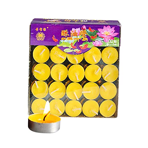 Duiaynke 100 velas redondas sin humo, 1 hora de duración, velas de té tibetanas budistas para iglesia budista tibetana, velas de manteca de ghee para boda, meditación, rituales, altares (amarillo)