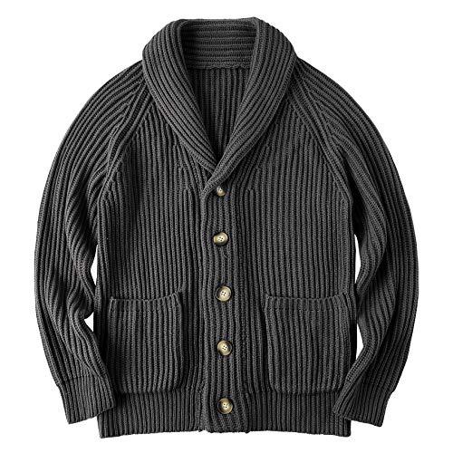 Runcati Mens Shawl Collar Cardigan Sweaters Button Down Open Front Knitwear Cable Knitted Ribbed Jackets Outwear Dark Grey #TOP1