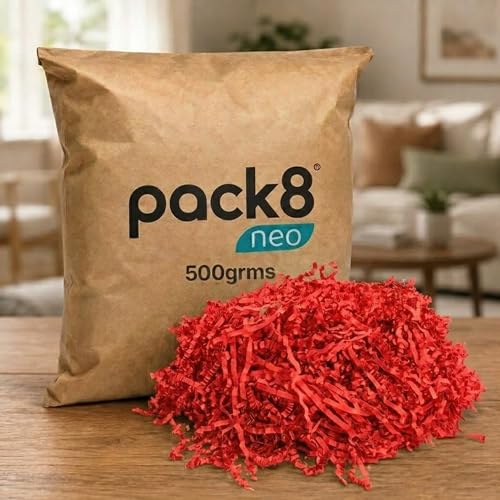 Image of Pack8neo Shredded Paper Cutting For Giftpacking, Hampers, Gift Baskets & Boxes, 500g | Sustainable grass paper, Crinkle Cut filler, Gift Packaging Protection & Recyclable decoration material, Red