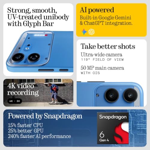Image of Nothing Phone (4b) 5G (Blue, 8GB RAM, 256GB Storage) | Snapdragon 6 Gen 4 Processor | 6.77-inch FHD+ AMOLED Display | 6000mAh Battery | 50MP + 8MP Dual Camera | Android 16