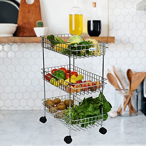Image of Stainless Steel 3-Tier Kitchen Trolley with Wheels | Multipurpose Storage Rack Organiser | Vegetable Stand for Kitchen | Onion, Potato & Fruit Basket Cart