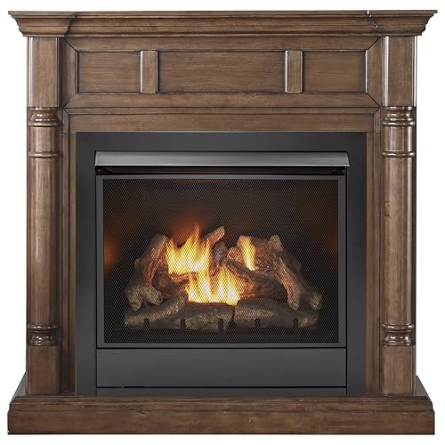 Duluth Forge Dual Fuel Ventless Gas Fireplace System with Mantle, Remote Control, 9 Fire Logs, Use with Natural Gas or Liquid Propane, 32000 BTU, Heats up to 1500 Sq. Ft., Walnut