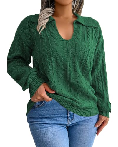 Image of Plus Size Sweaters for Women Polo V Neck Chunky Cable Knit Pullovers 1X-5X