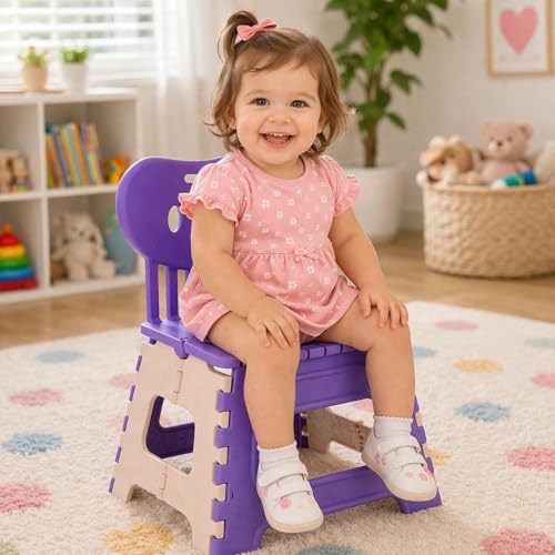 Image of A to Z Hub Folding Plastic Chair with Backrest for Kids & Adults | Portable, Lightweight, Durable Step Stool Seat | Space Saving, Easy to Carry, Indoor Outdoor Multipurpose Chair Brown (Purple)