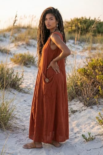 Image of Thaluta Women's Boho Cotton Sleeveless Dress Casual Loose Fit Maxi Dress with Big Pockets Fair Trade Light Summer Sundress