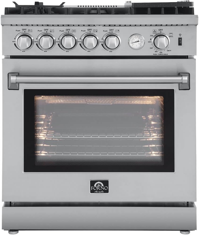 Lazio Full Gas 30" Inch. Freestanding Range with 5 Italian Sealed Burners Cooktop - 4.32 Cu.Ft. Stainless Steel Convection Oven Includes Cast Iron Accessories