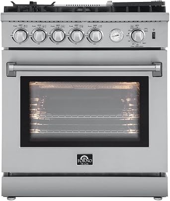 FORNO Lazio Full Gas 30" Inch. Freestanding Range with 5 Italian Sealed Burners Cooktop - 4.32 Cu.Ft. Stainless Steel Convection Oven Includes Cast Iron Accessories