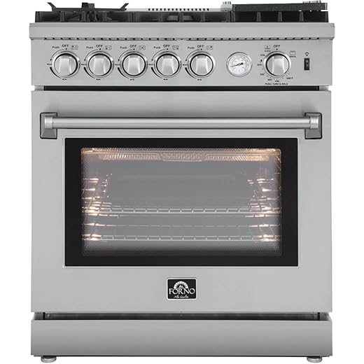 FORNO Lazio Full Gas 30" Inch. Freestanding Range with 5 Italian Sealed Burners Cooktop - 4.32 Cu.Ft. Stainless Steel Convection Oven Includes Cast Iron Accessories