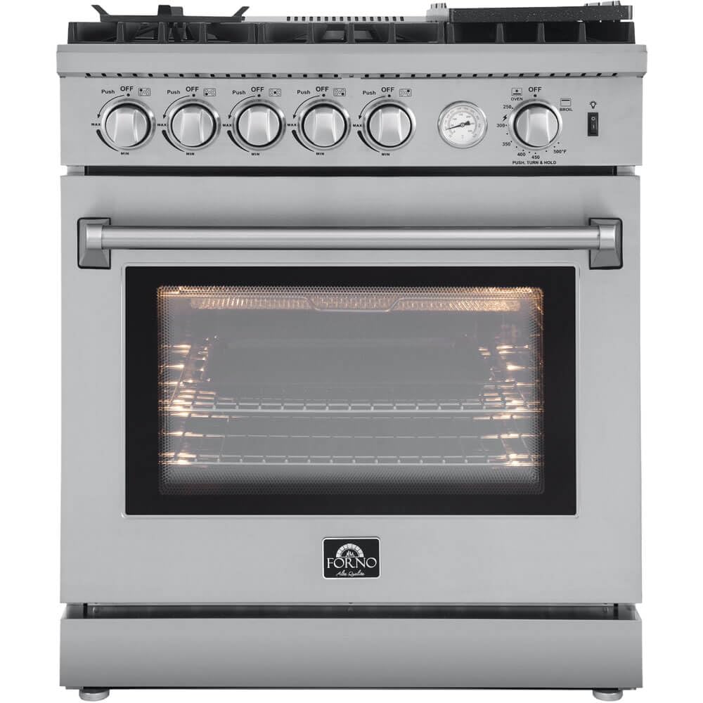 FORNO Lazio Full Gas 30" Inch. Freestanding Range with 5 Italian Sealed Burners Cooktop - 4.32 Cu.Ft. Stainless Steel Convection Oven Includes Cast Iron Accessories