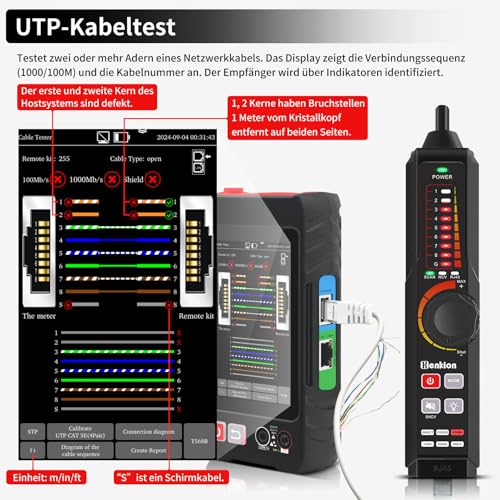 Henkion RJ45 Netzwerkkabeltester UTP-Kabeltester,Ethernet-Kabelverfolger, 4-Zoll-IPS-Touchscreen, unterstützt Netzwerktools, OPM, DMM, TDR, LEVEL METER, POE++-Erkennung, RJ45 TDR, Kabellänge,NCV