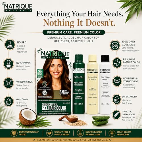 Image of Naturals Gel Hair Color Light Caramel Brown 5N | Amino Peptide Bond-Repair Technology | Ammonia, PPD & Paraben Free | 6 Herbal Extracts | 100% Grey Coverage | pH Balanced | 180gm
