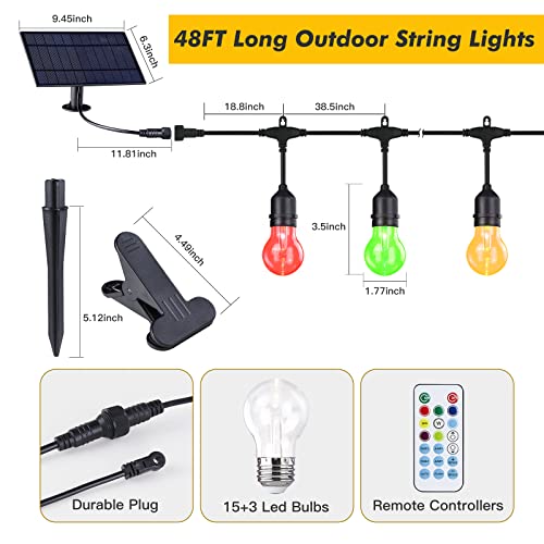 Image of Auroraworld 48FT Solar RGB Outdoor String Lights, Dimmable Waterproof LED Patio Lights with Remote, 15 Shatterproof Edison Bulbs for Cafe Yard Garden Party Decor