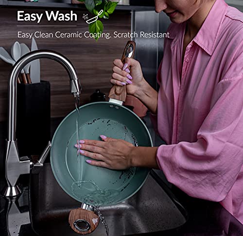 Phantom Chef 11" Deep Frypan 5 Qt Wok | Aluminum Body Non-Stick Ceramic Coating | With Soft Touch Stay Cool Handle | Dishwasher Safe | Non-Toxic Pfoa & Ptfe Free (Green) #TOP5