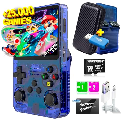 R36S Consola Retro Portatil con 25000 Juegos +25 Emuladores 128GB - Mini Consola Portatil, Consolas: PS1, PSP, N64, NDS... HD IPS de 3.5' 640 * 480-4 Core 1.6 GHz y RAM 1GB (Azul transparente, 128GB)