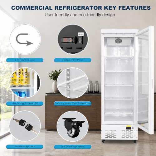 Image of Commercial Beverage Refrigerator with Glass Door, 11 Cu.Ft Upright Display Fridge Commercial Cooler, Merchandiser Drink Refrigerator with Soft LED Light, Romovable Shelves for Restaurant Stores